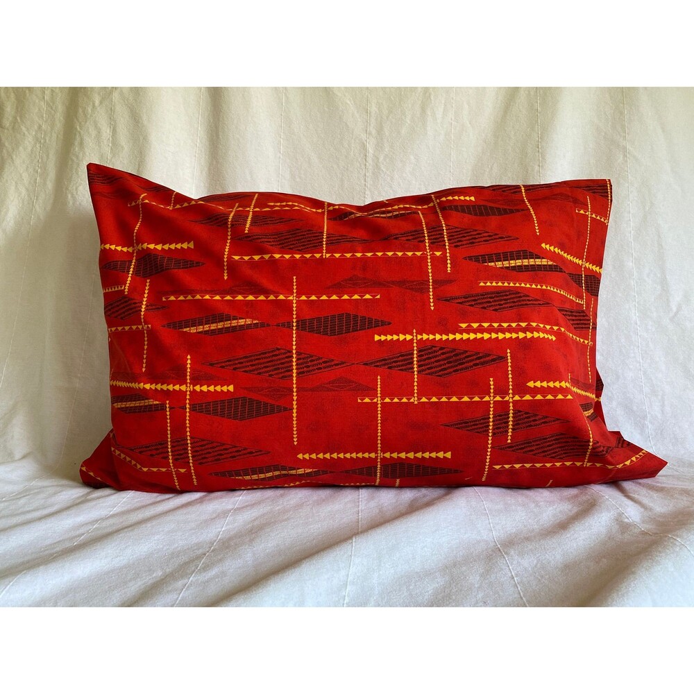 Red Pillowcase with Black and Yellow Kapa Print Pattern | Handmade | 100% Cotton